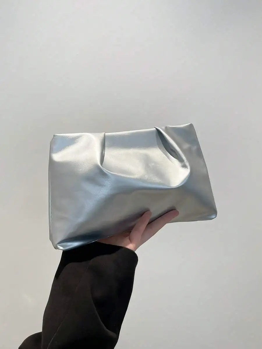 

Shiny Silver Pleated Envelope Clutch For Makeup Travel Toiletries Storage Casual Solid Color Pouch