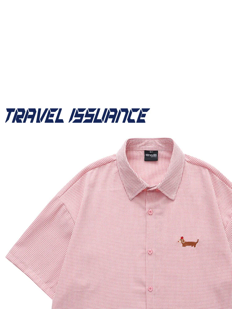 

Travel Issuance Dog Summer Fun Embroidery Loose Short Sleeve Shirt Plaid Pattern Youth Trend Casual Wear for Men