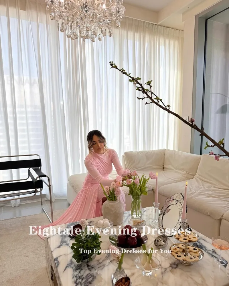 Eightale Arabic Evening Dress Pink Chiffon O-Neck Pleat Long Sleeves Customized Prom Gown Muslim Party Dress robe de soiree image 4