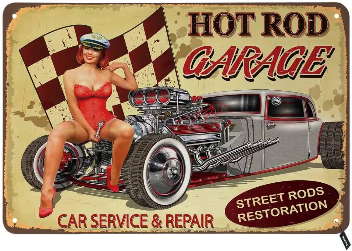 1p,Swono Hot Rod Garage Poster Tin Signs,Sexy Women Sit on The Car Repair Vintage Metal Tin Sign for Men Women,Wall Decor for Ba