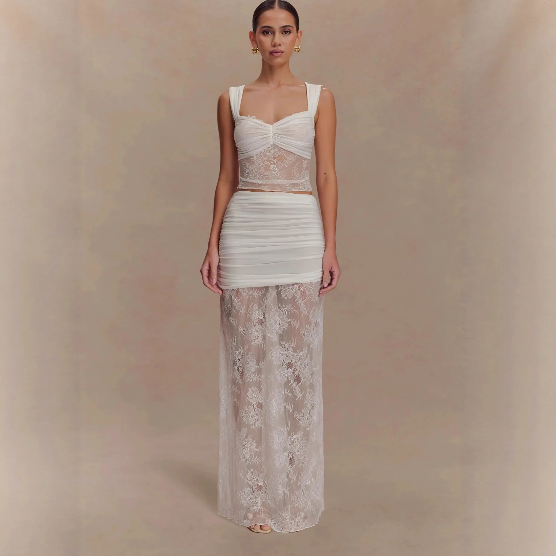 

Prom Dress 2 Pcs Top Bra+Skirt Sexy White Lace See Through Sleeveless Long Party Gown Formal Wedding Guest Birthday Evening Robe