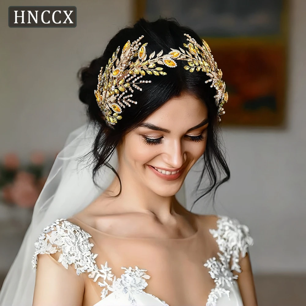 hnccx-高級ラインストーン花嫁ヘッドフープゴールデンカラー合金葉ウェディングヘッドバンドヘアアクセサリー手作り帽子-hp948