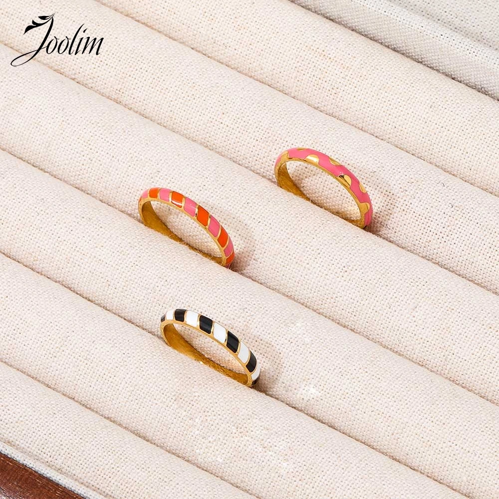 Joolim Jewelry Wholesale High End PVD Fashion Sweety Art Arc Drops Glue Multi-colored Band Stainless Steel Ring For Women