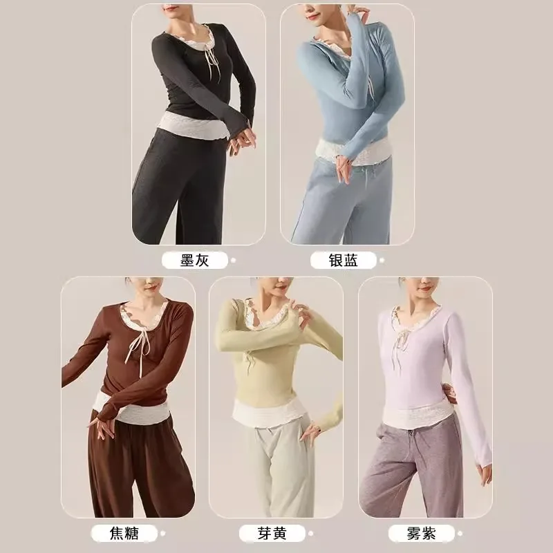 ملابس الرقص النسائية ملابس الرقص الحديثة الخريف والشتاء الدانتيل الربط ملابس الجسم الرقص طويلة الأكمام قمم رقيقة