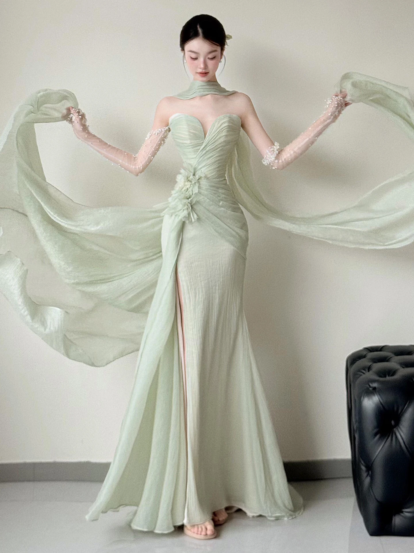 

Элегантное зеленое свадебное платье с драпированным вырезом для женщин, для церемоний и торжеств, длинное вечернее платье