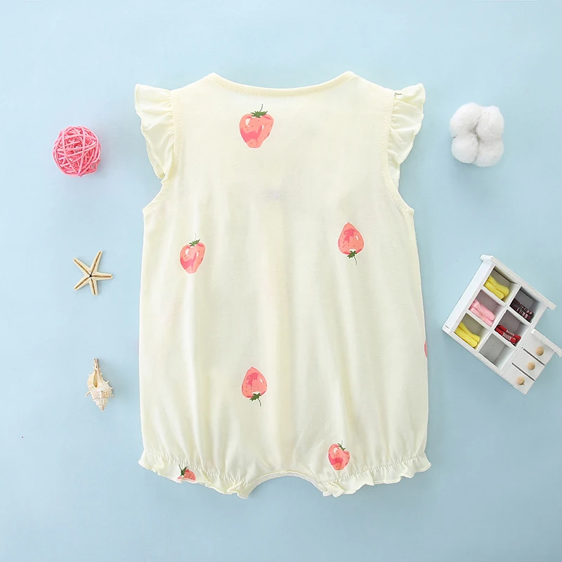 Pure cotton jumpsuit with flying sleeve for newborn baby girl, thin clothes for summer