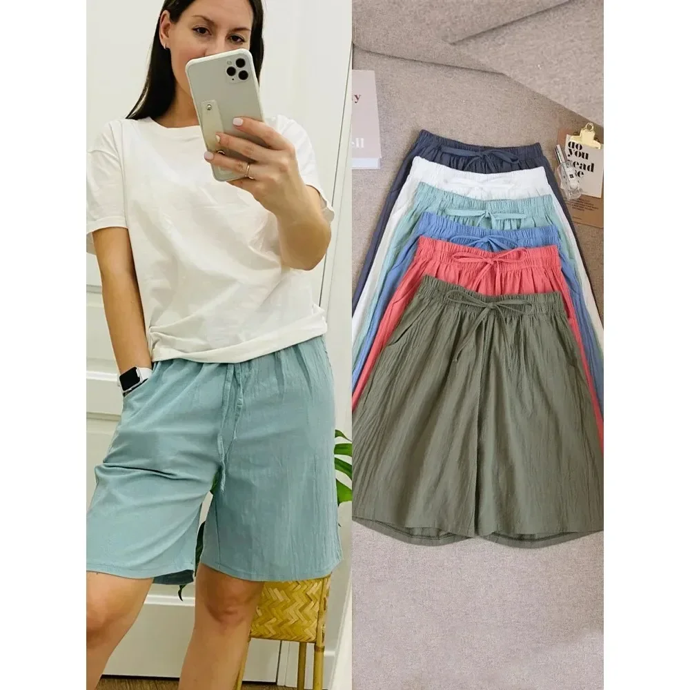 

DAILOU 2024 Women Cotton Summer Casual Solid Cotton Linen high waist loose shorts for girls Soft Cool female shorts