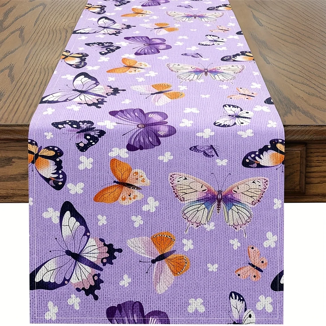 Light Purple Butterfly Linen Table Runner - Beautiful Print, Kitchen Dining Seasonal Animal Home Decor