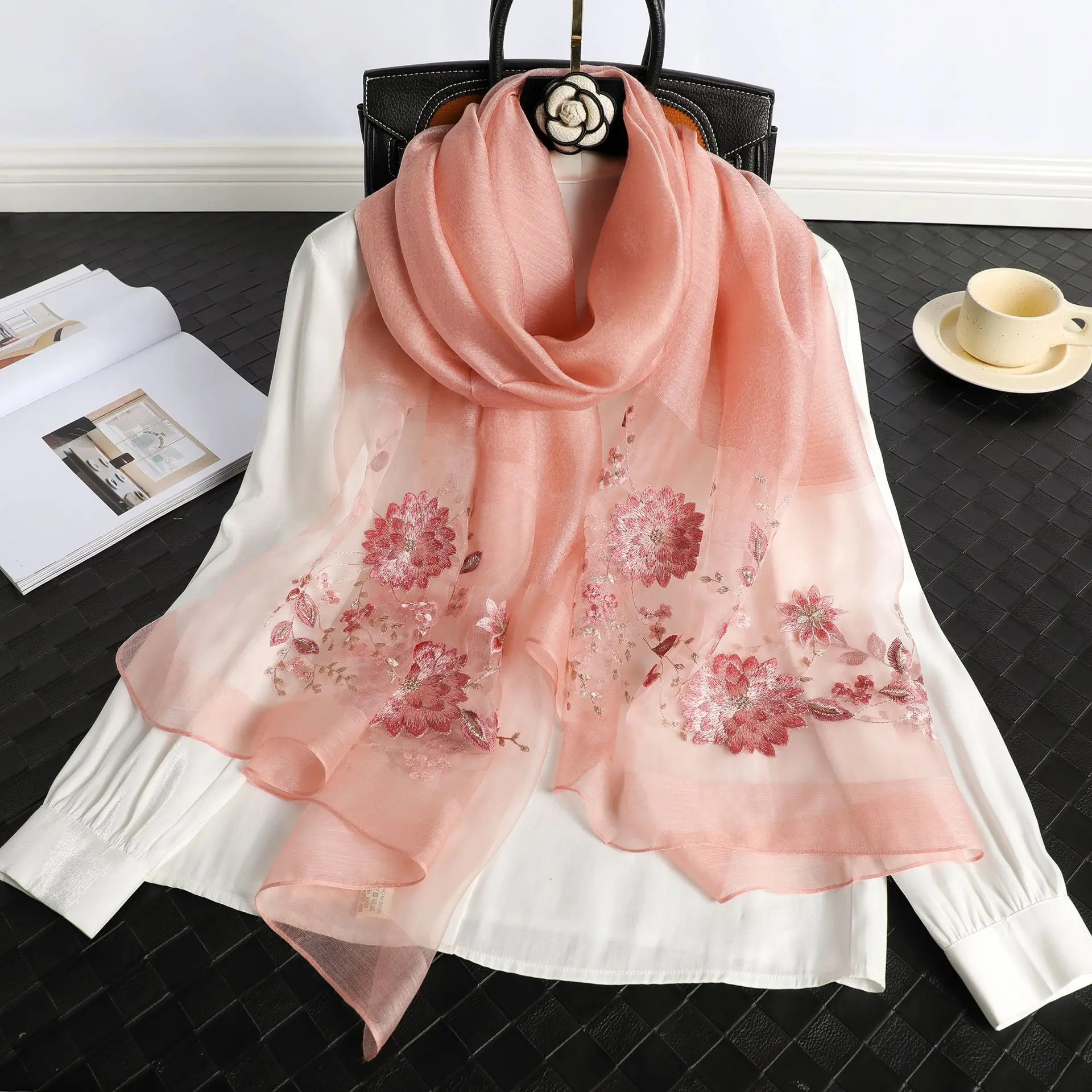 New 2024 Silk Scarf for Women Embroidery Shawl Wraps Female Wool Floral Bufanda Beach Stoles Hijab Head Scarves Hijab Echarpe