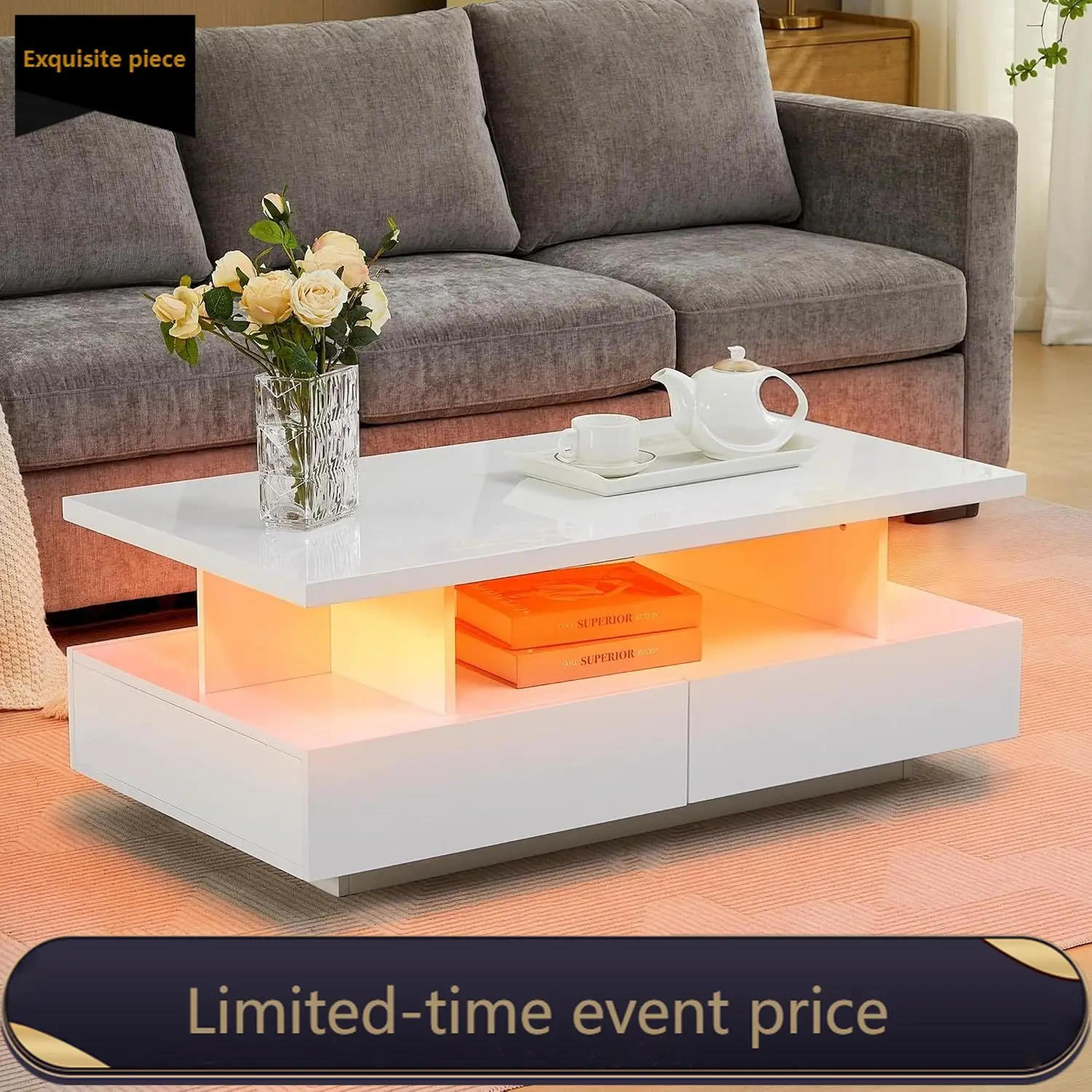 LED Coffee Table, Modern High Glossy Living Room Table with 4 Drawers and Open Display Shelf Wood Rectangle Center Tables