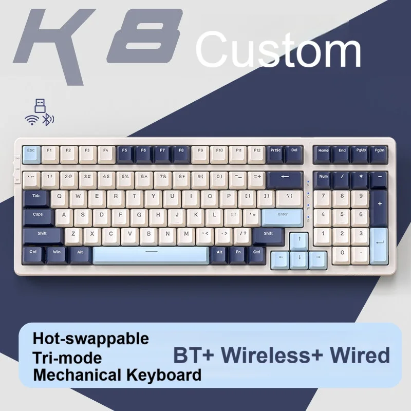 FreeWolf K8 Wireless Mechanical Keyboard Tri-mode 100 Keys Full Key Hot Swap lighting Effect Gasket Muffler Structure for Laptop