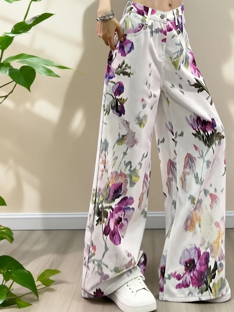 

Spring Floral Print High Waist Straight Leg Wide Leg Jeans Women's Casual High Fashion Sense Floral Denim Pants Adult Spring