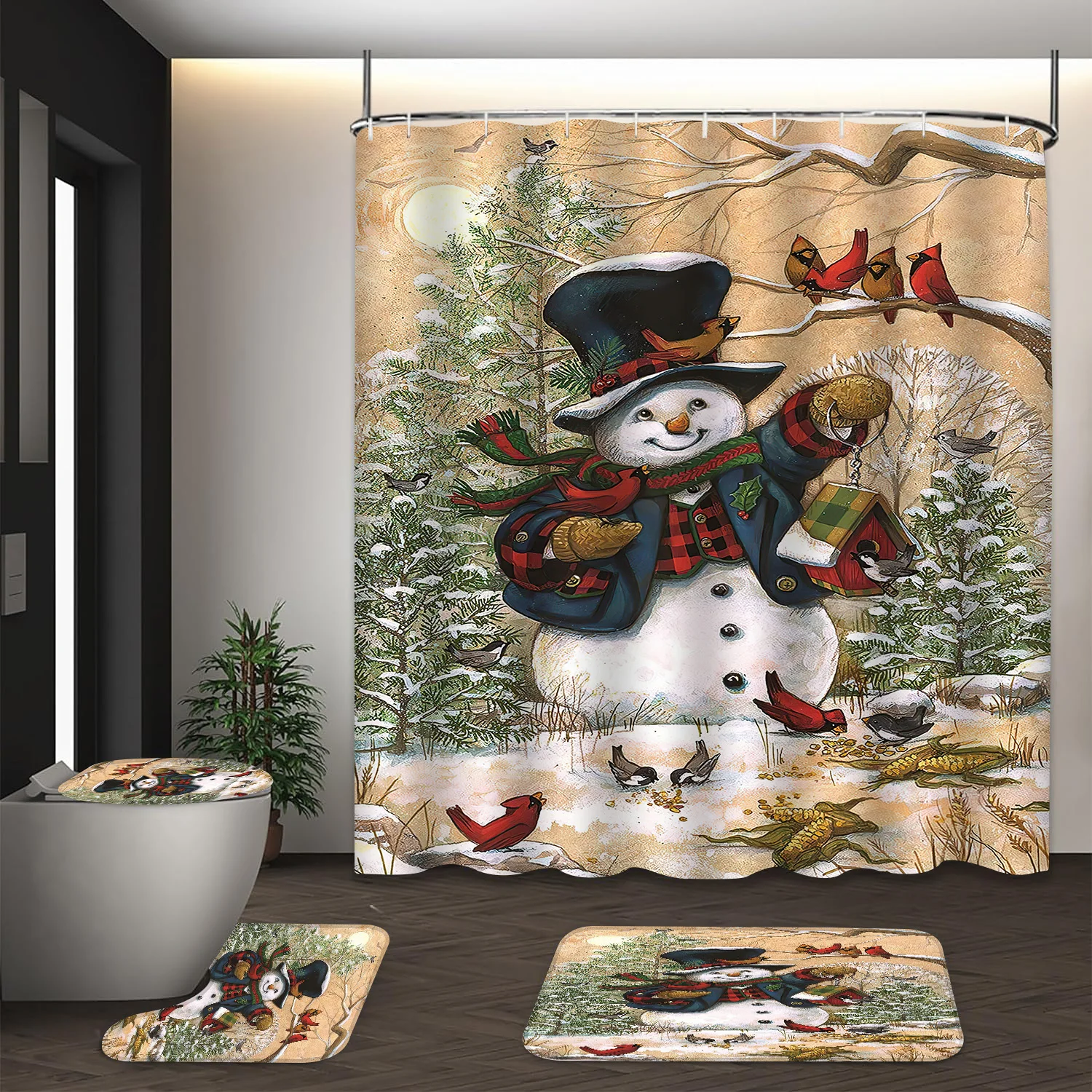 LVRLVR 4Pcs Christmas Bathroom Set Vintage Farmhouse Snowman Cardinal Bird Print Bath Curtain + Toilet Mat Rug Set,70.8x70.8 inch Polyester Shower Curtain Set with 12Pcs C-Type Hooks