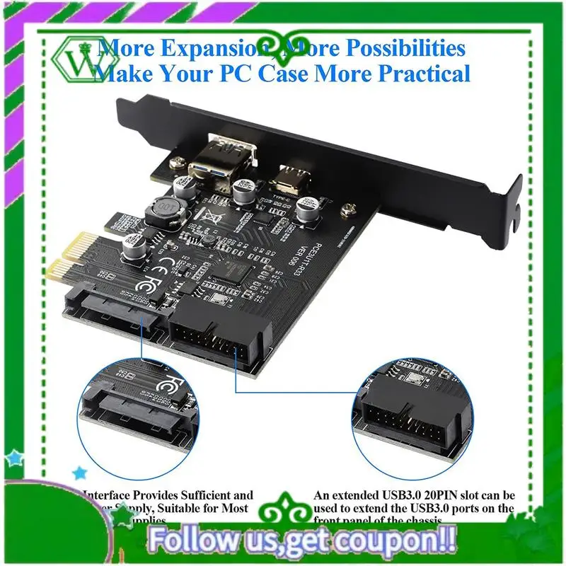 ABIK-PCI-E 1X para USB 3.2 Gen1 USB3.2 Tipo-C Placa adaptadora frontal 2 portas (Tipo C + Tipo A) Placa de expansão