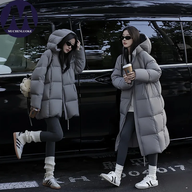 

Женский зимний пуховик 2025, новый элегантный пуховик с длинным рукавом и капюшоном, хлопковое длинное пальто, корейская мода, повседневные свободные толстые теплые парки
