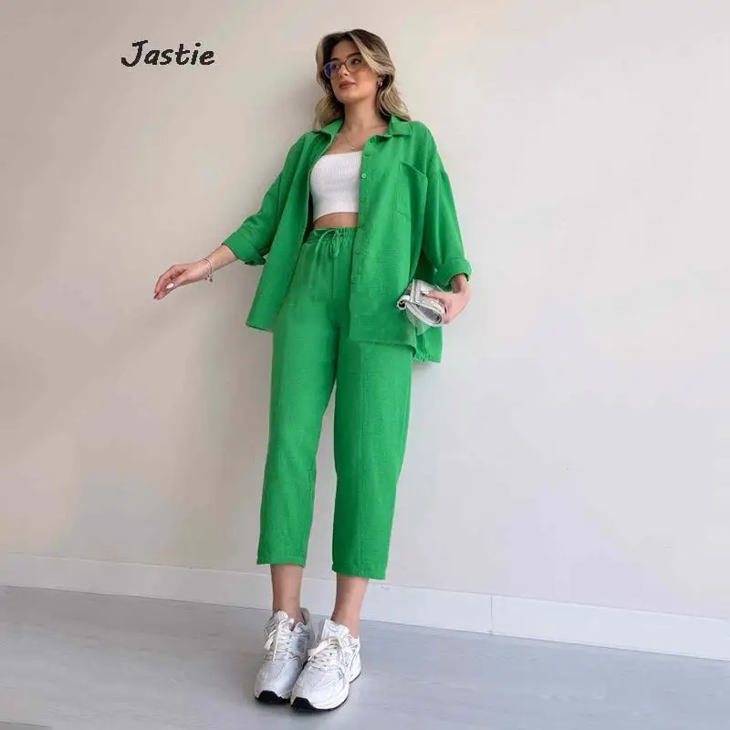 Solid Single Breasted Shirt Suits Spring Summer Fashion Long Sleeve Shirt Straight Leg Pants Two Piece Set For Women Outfit 2023