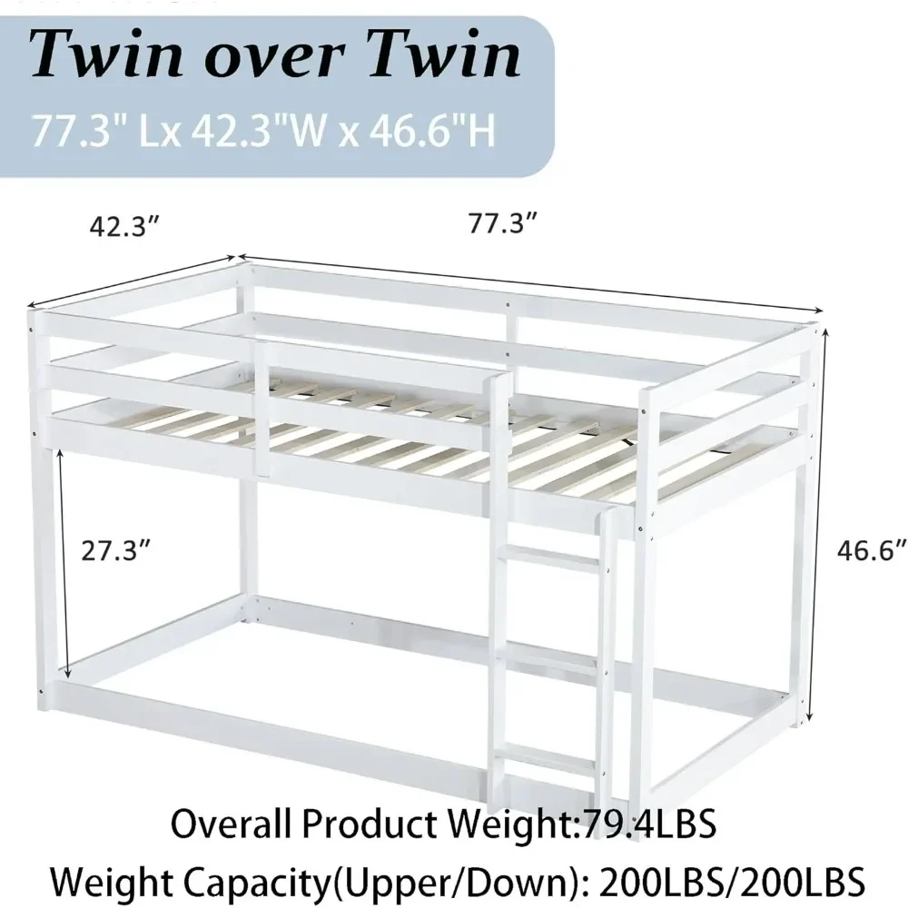 Bunk Bed Twin Over Twin, Floor Bunk Bed with Ladder, Solid Rubber Wooden Low Twin Bunk Beds for Kids Teens,for Multiple-Child