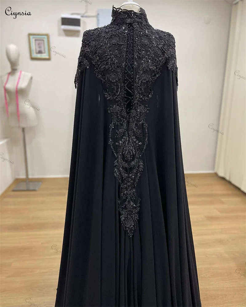 Ciynsia Arabic Muslim Black Long Sleeve Wedding Dress Women Elegant Luxury Bridal Dresses with Cape Lace Bead Chiffon Bride Gown