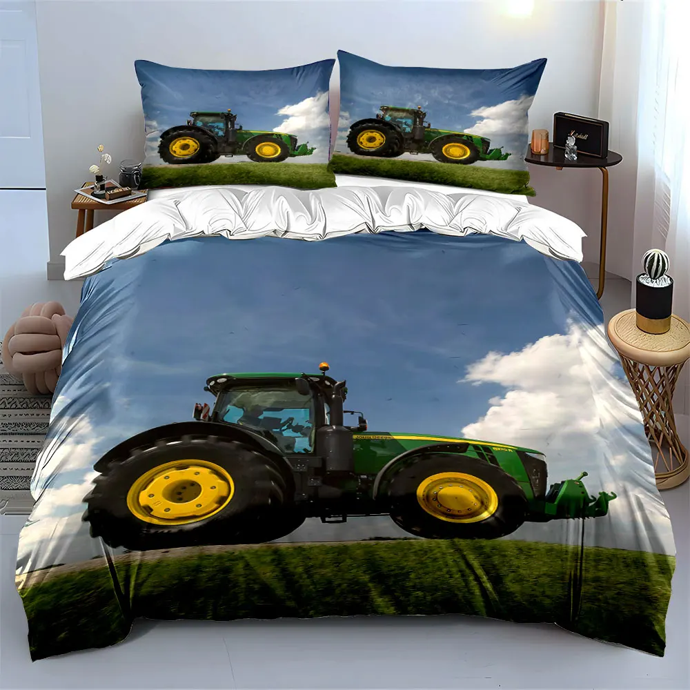 Large green tractor in field Bedding Set for Kids Luxury Gift 3pcs Digital Print Comforter Set Soft Comfortable Breathable