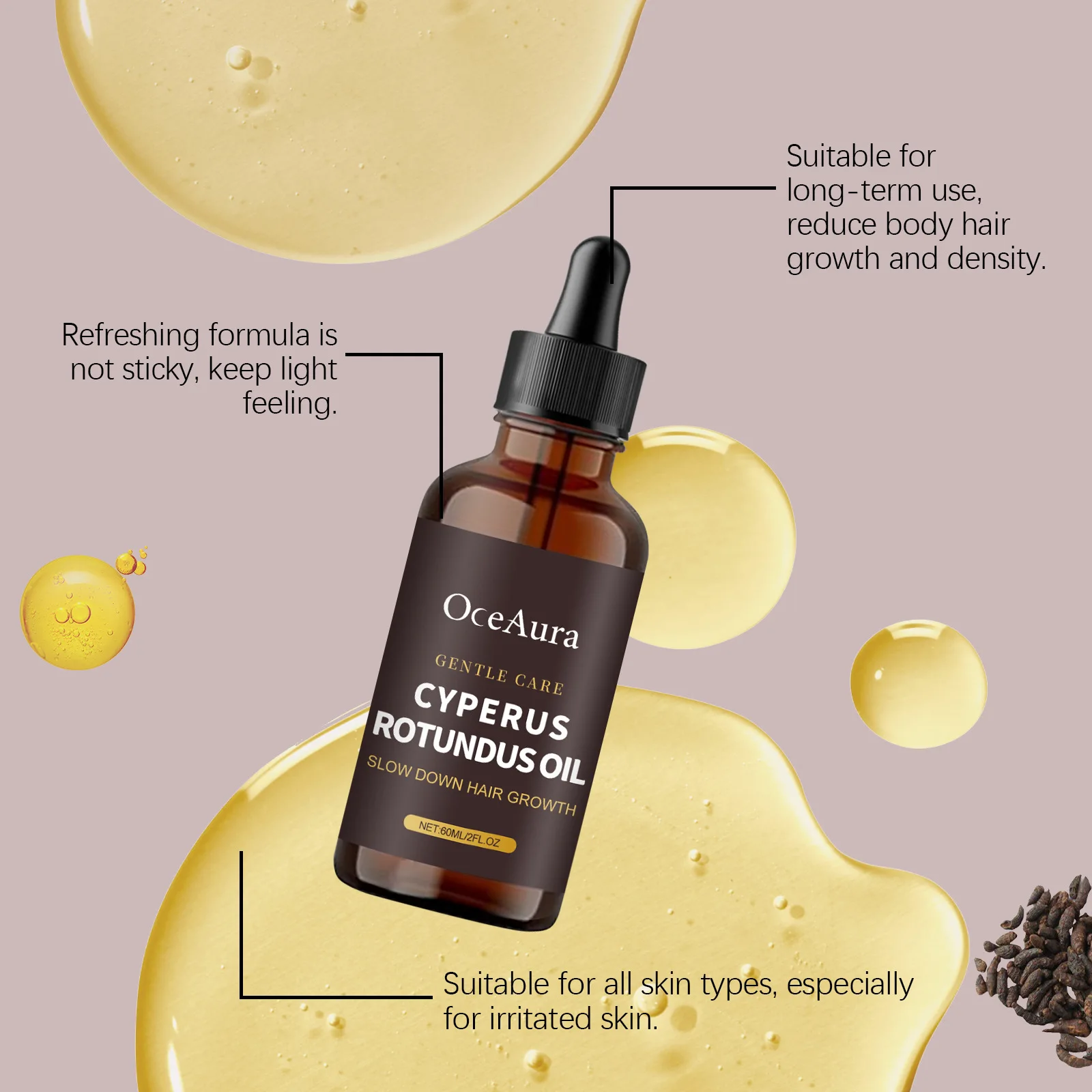 Natural Cyperus Rotundus Oil Slow Down Hair Growth Hair Removal Oil Moisturizing After‑Wax Shaving Care Oil Smooth Silky Body Sk