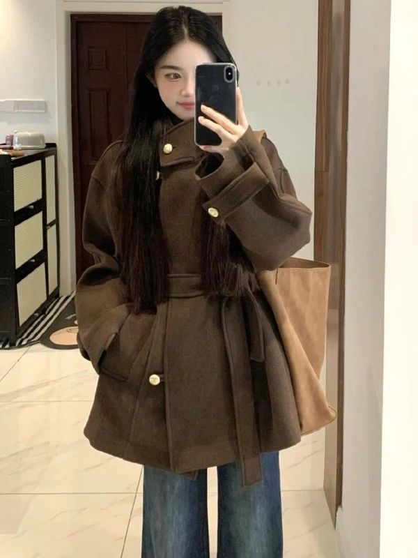 

plus Size Thiened Woolen Coat Women's Autumn Winter Hepburn Sle Waist-Cinching Outerwear Warm Long Sve Button Decor