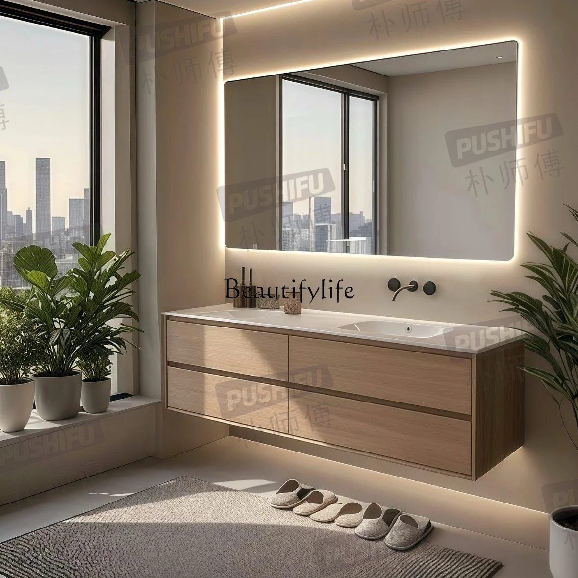 

2025 new log wind rock slab seamless ceramic integrated basin bathroom cabinet combination