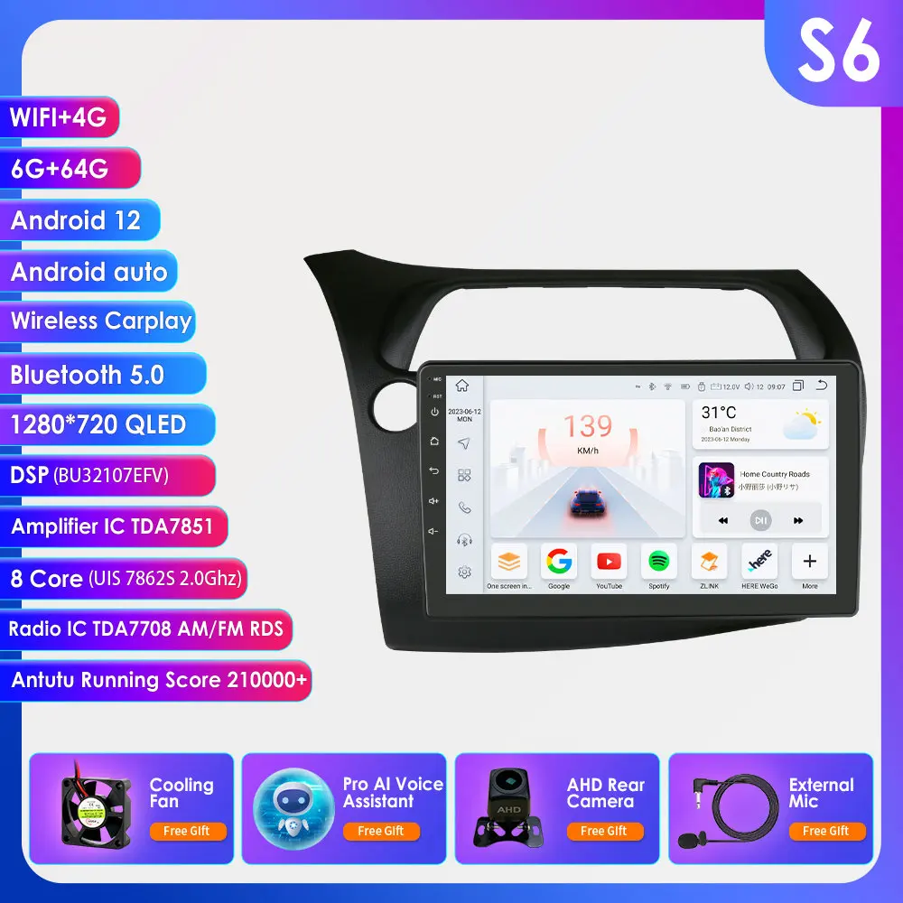Android13 Autoradio Voor Honda Civic Hatchback 2005-2011 Auto Multimediaspeler Draadloze Carplay 4G-Let 2din Autoradio 360Camera