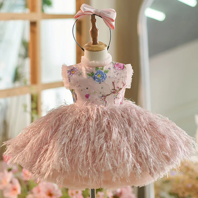 

Elegant Pink Feather Flower Baby Girl Dress Lace Knee Length for Princess Wedding Birthday Party Ball Gown prom dresses for Kids