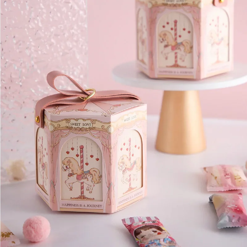 10pcs Gift Box Packaging Baby Shower Kids Birthday Favors Snack Food Candy Cookies Boxes Blue Pink Carousel Bride Party Supplies view 2