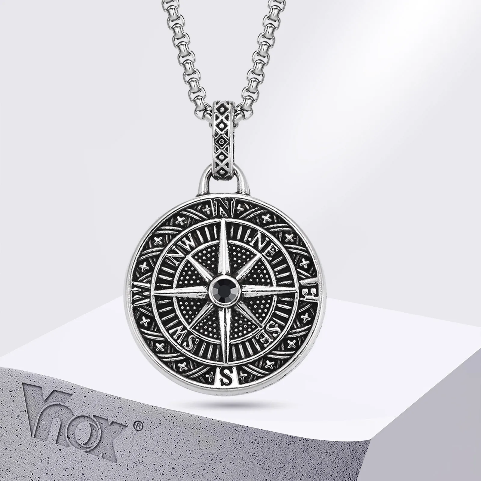 Vnox Vintage Compass Pendant Necklaces for Men Boys, Stainless Steel Coin Necklace, Rock Hiphop Collar Graduation Guid Gift