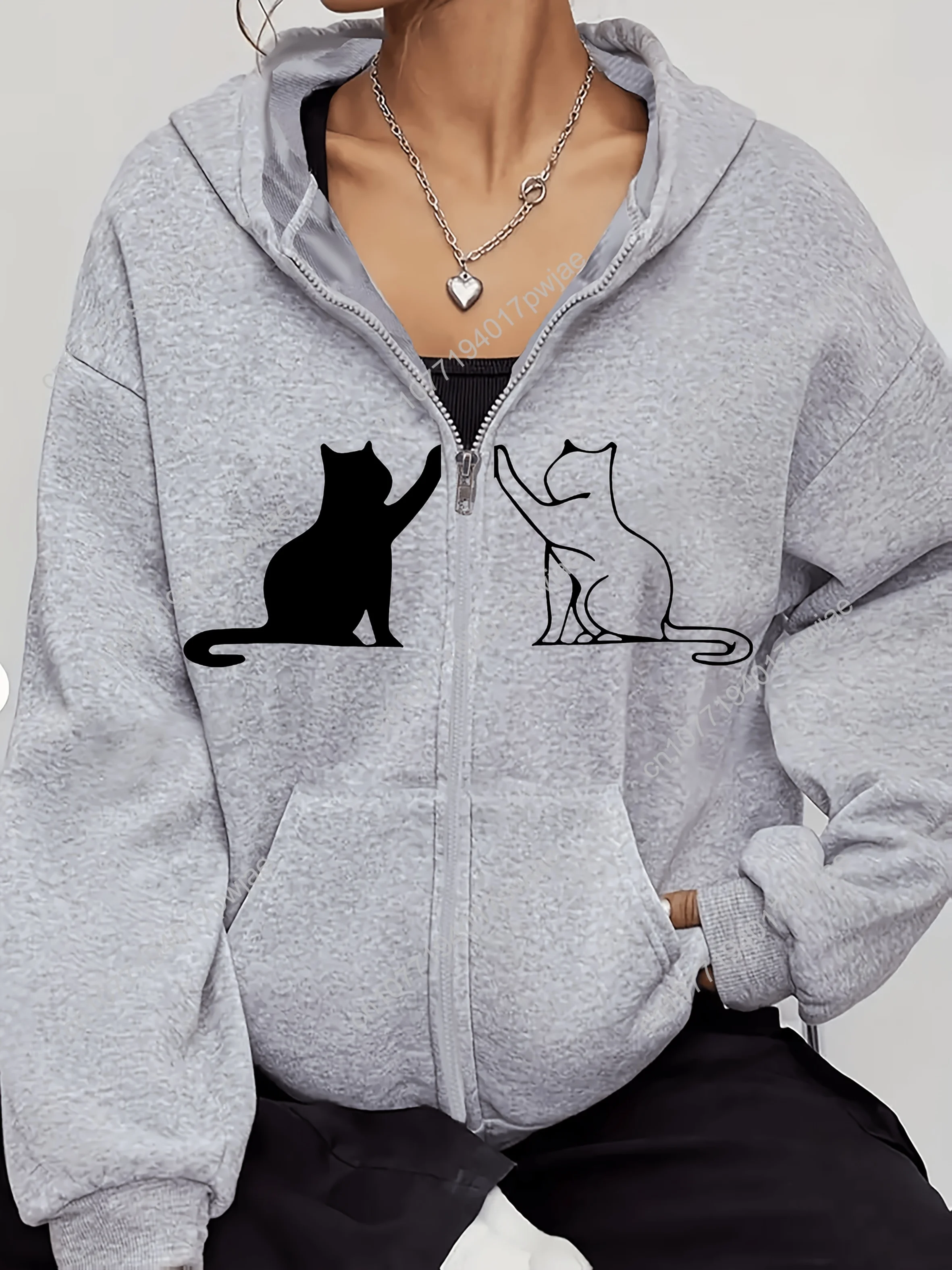 Moletom feminino com estampa de gato preto brincalhão – manga comprida, jaqueta casual com zíper e detalhes de malha canelada, tecido de poliéster elástico, todos