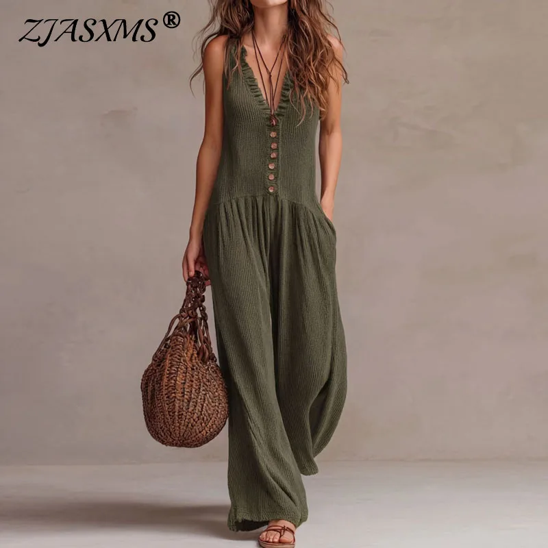 

Women's Boho Sleeveless New Jumpsuit Spring V Neck Ruffle Button Wide Leg Pants Overalls Casual Loose Pocket Summer Beach Romper