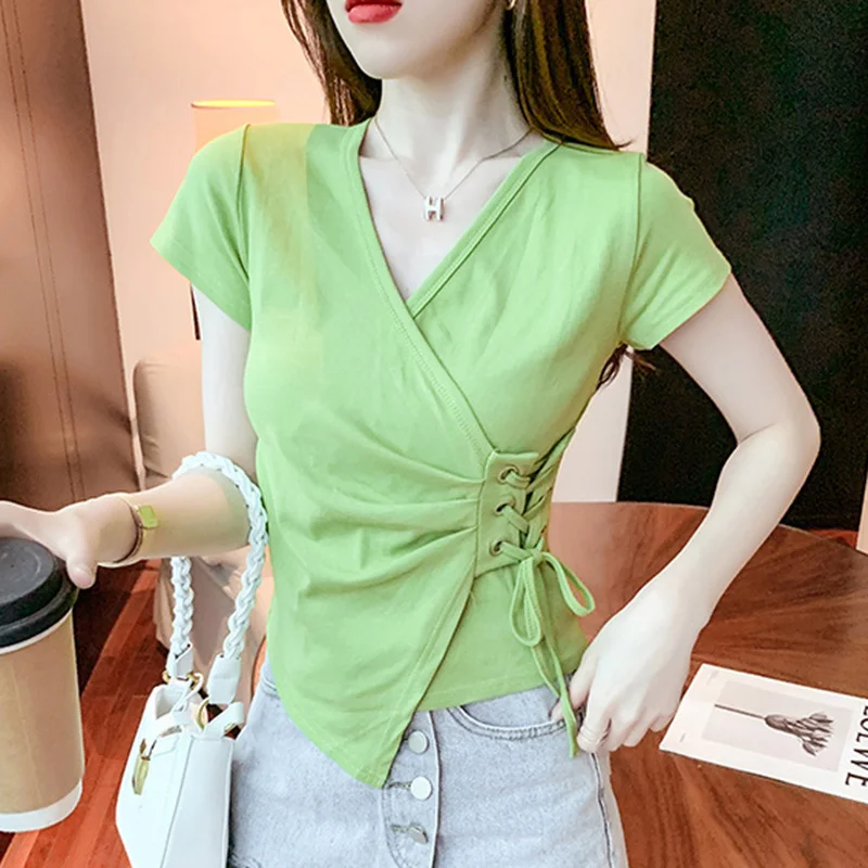 #5291 Summer Green White Cotton Short Slevee T Shirt Women V Neck Side Bandage Sexy Top Asymmetrical T Shirt Female Slim T-shirt