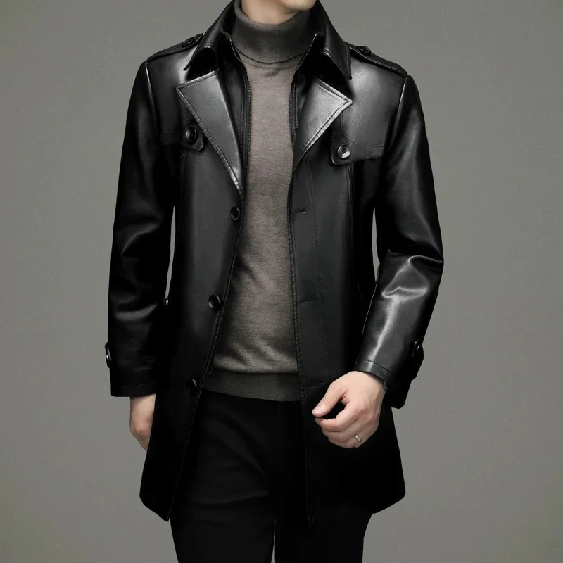 2024 Winter High Quality Fashion Trench Men's Slim Fit Faux Leather Jackets Mens Thicken Warm Coat Size M-4XL