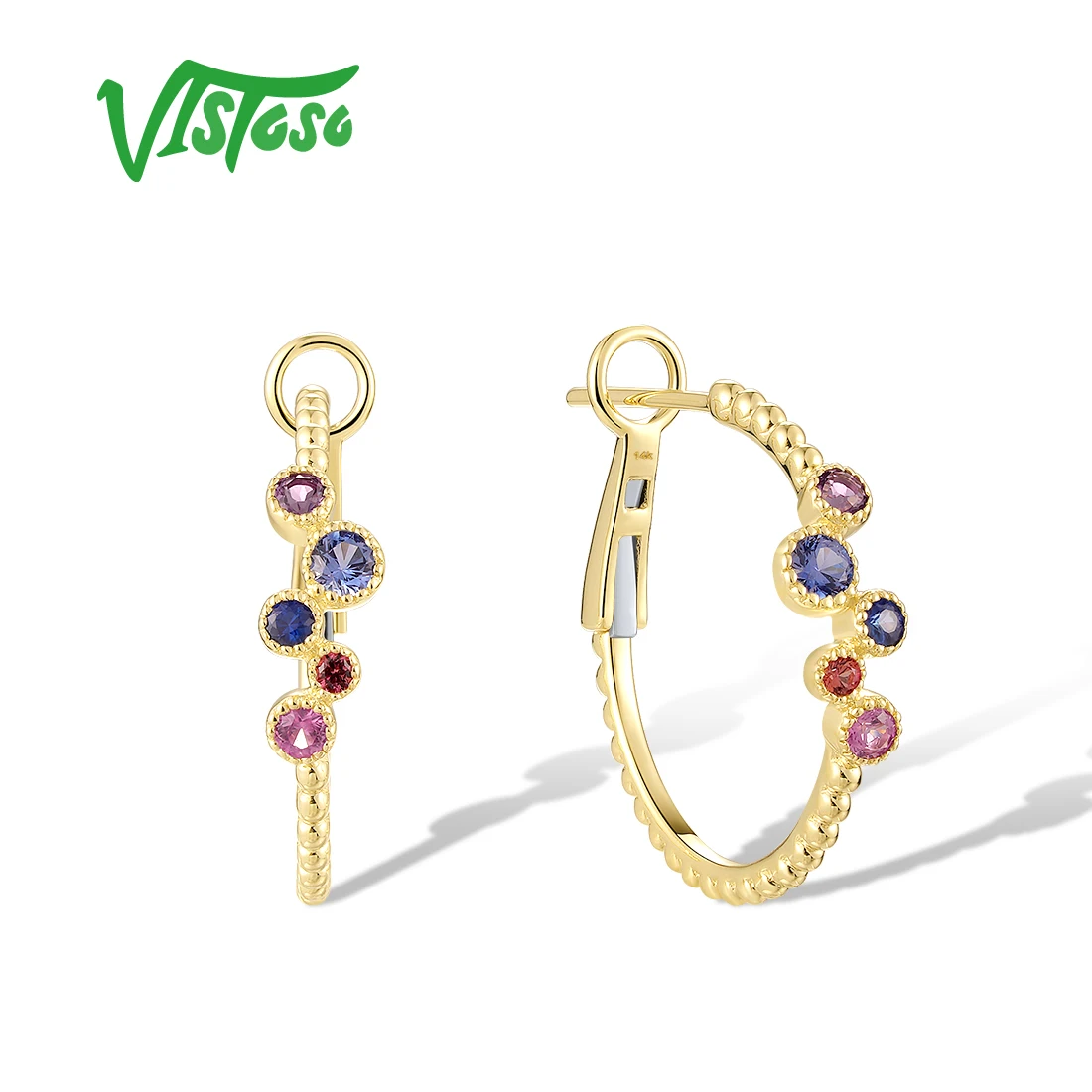 VISTOSO Genuine 14K 585 Yellow Gold Hoop Earrings For Women Sparkling Colorstone Glamorous Wedding Gifts Huggie Fine Jewelry