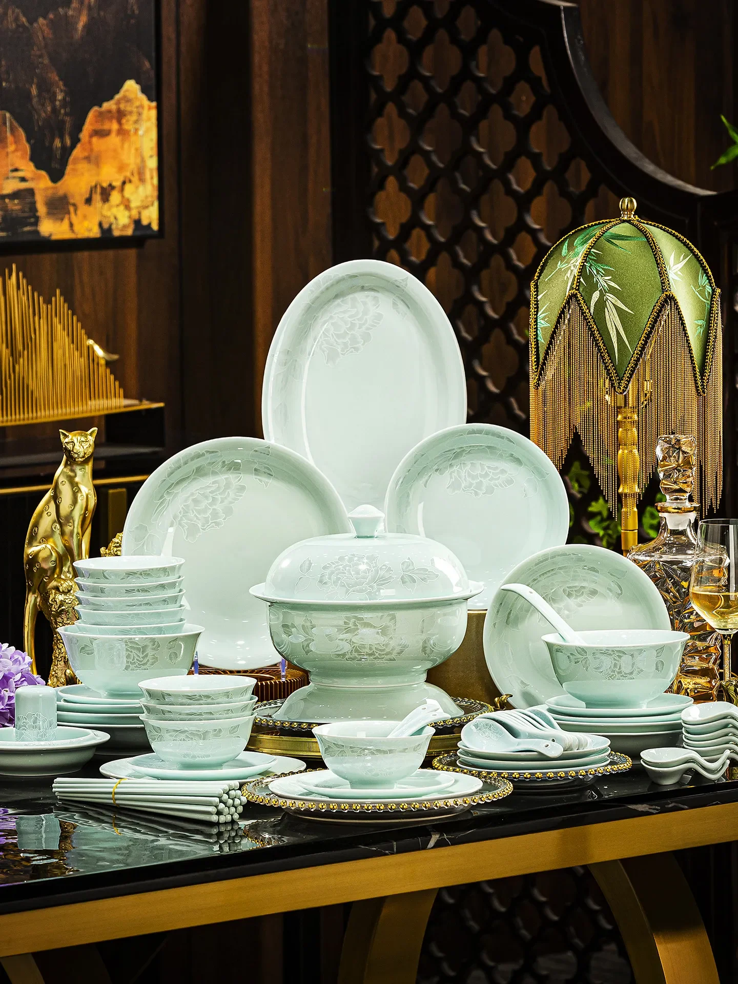 tableware set high-end Chinese celadon dish set household
