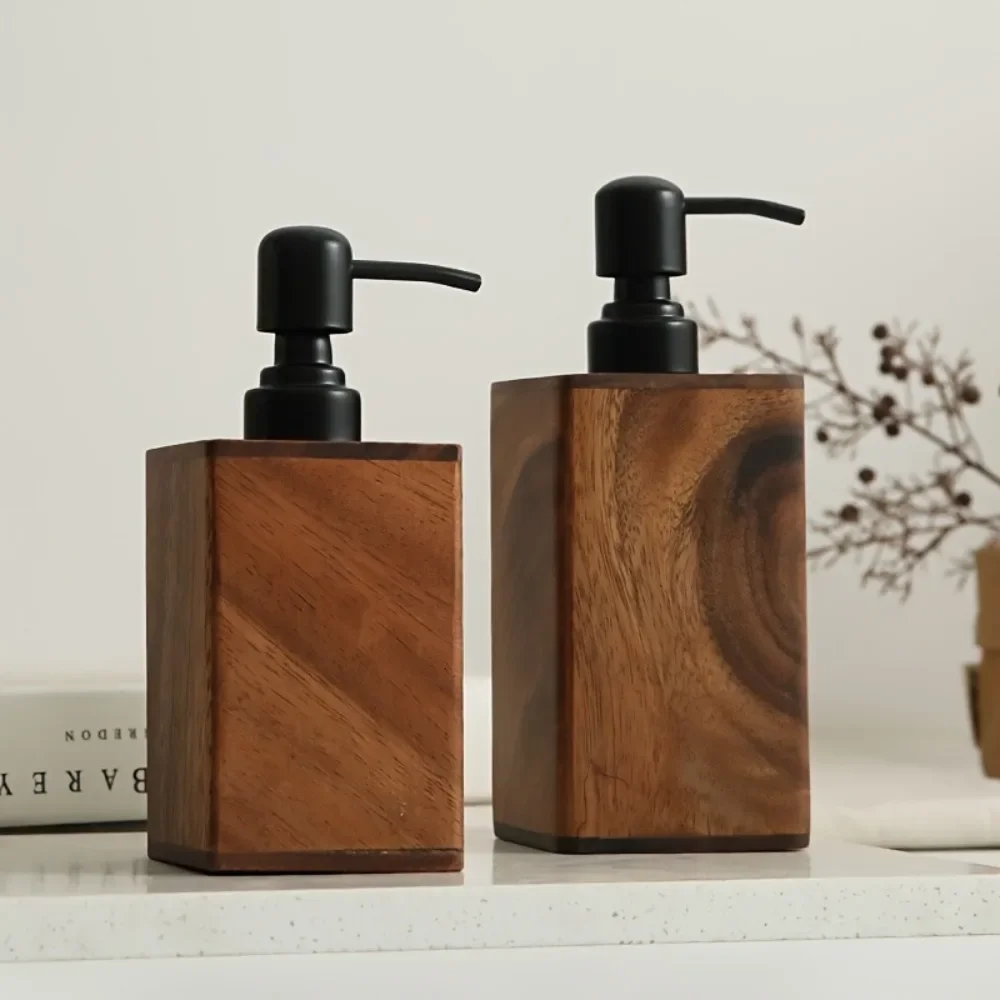 Vintage Wooden Soap Dispenser Black Pump Refillable Solid Wood Frame Bathroom Kitchen Countertop Holder