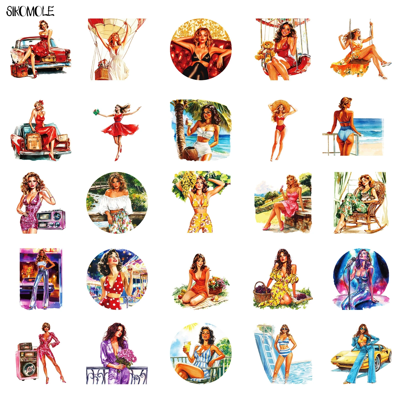 10/30/50PCS Summer Retro Fashion Swimsuit Girl Graffiti Stickers Sexy Aesthetic DIY Kid Travel Luggage Fridge Decal Sticker Pack