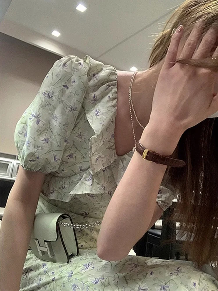 Spring Faion Blumendruck Tea Break Dr Damen Taillen-Cinching Bubble Sve Langer A-Linien-Rock Korean Sle ort Sve