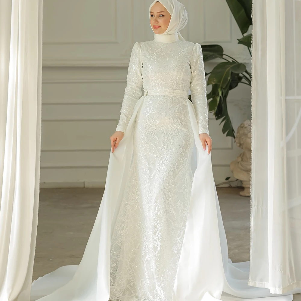 

Luxury Muslim Wedding Dresses Hijab Mermaid Long Sleeve High Neck Bride Dress Detachable Train Bridal Customized robe de mariée