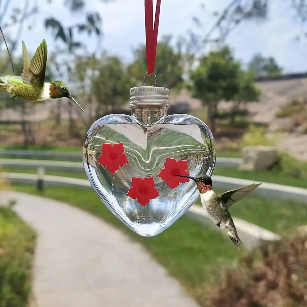 Three Hole Hummingbird Feeder Transparent Flower Shape Bird Hanging Water Feeder Rainproof Heart Shape Birds Water Dispenser