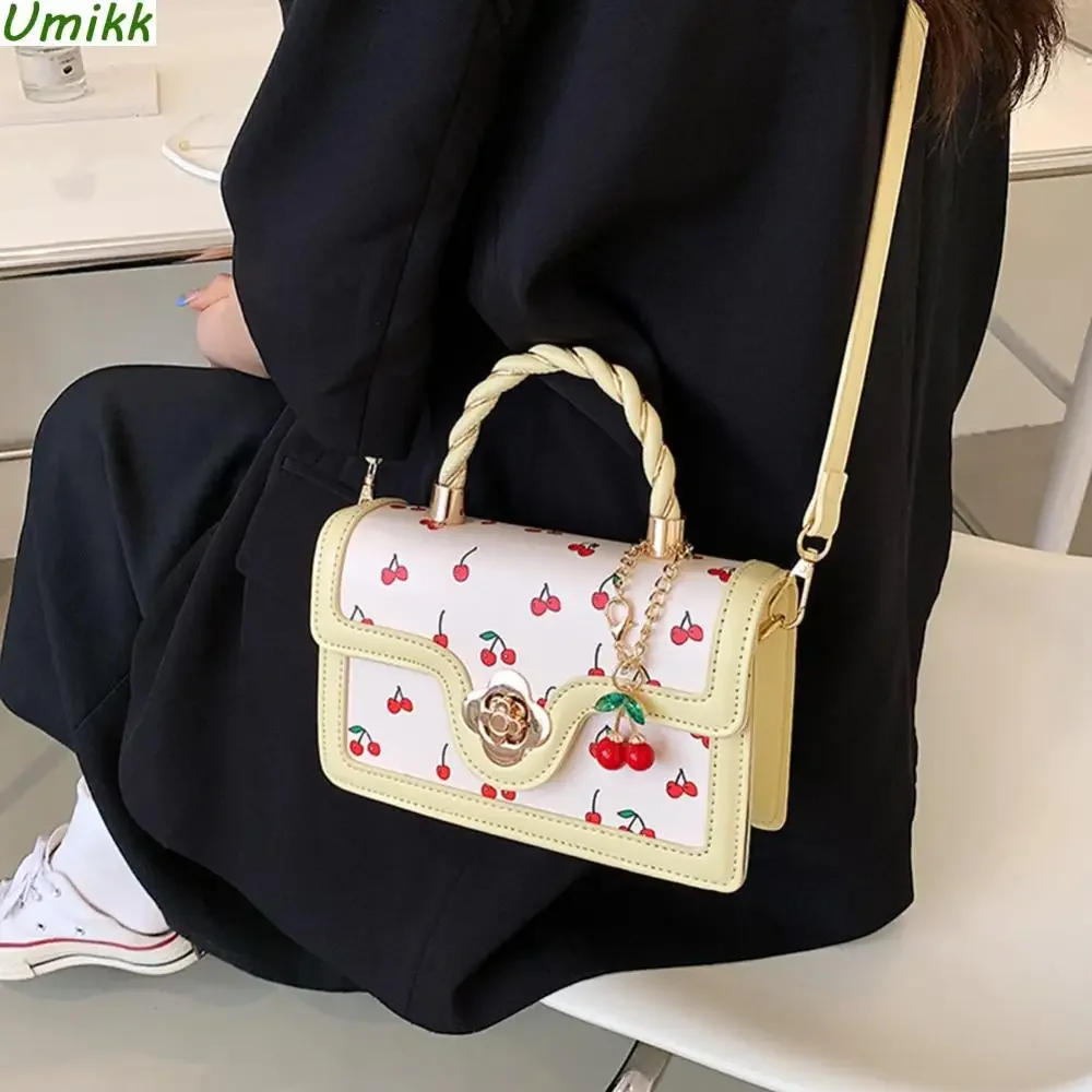 

Fashion Fresh Color Block Cute Cherry Print Sweet Twist Chain Shoulder Bag Crossbody Bag Handbag Small Square Bag