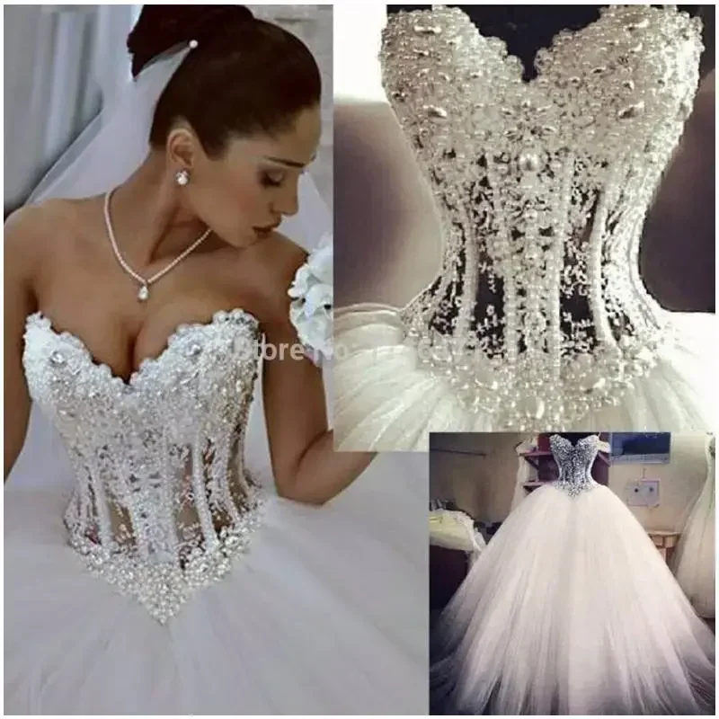 

Customized Romantic Princess Lace With Beading Ball Gown Wedding Bows Crystal Long Bridal Dress