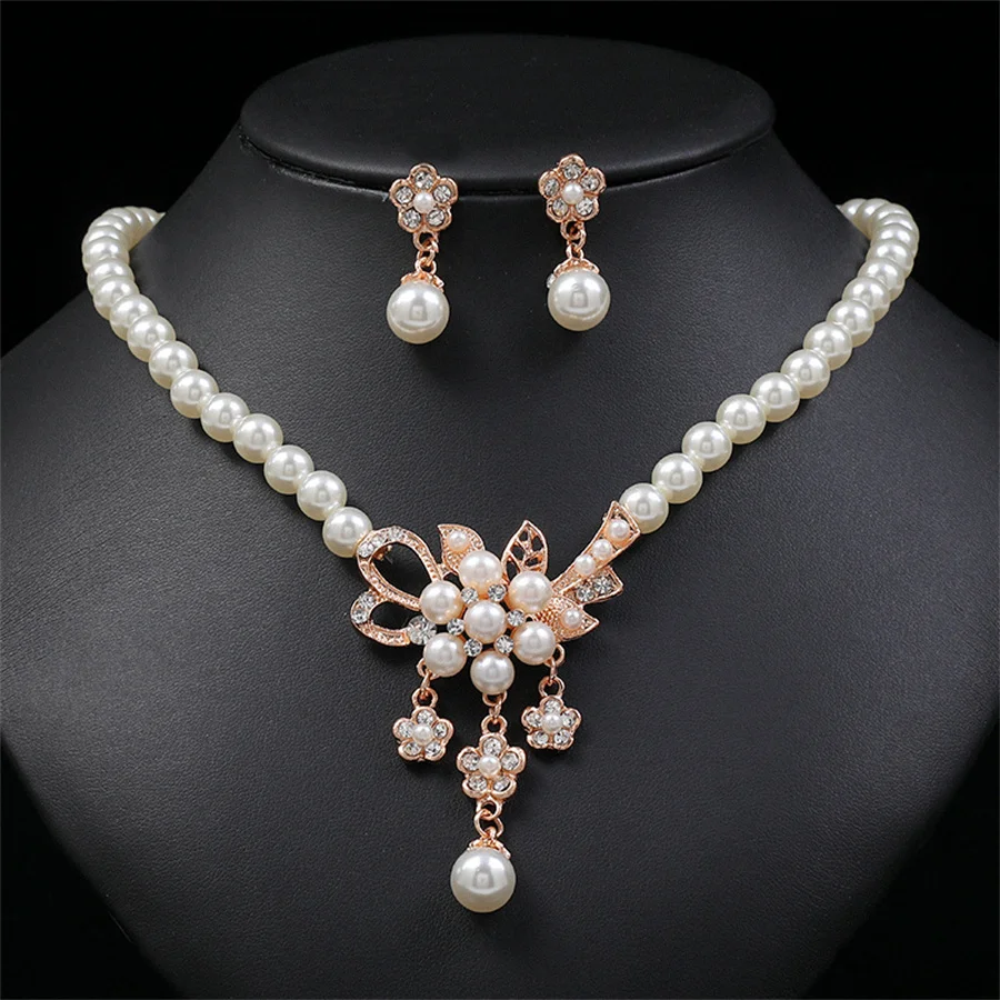 New Fashion personality flower Imitation Pearl Wedding Necklace Earring Set Bridal For Women Elegant Rhinestone Jewelry Gift