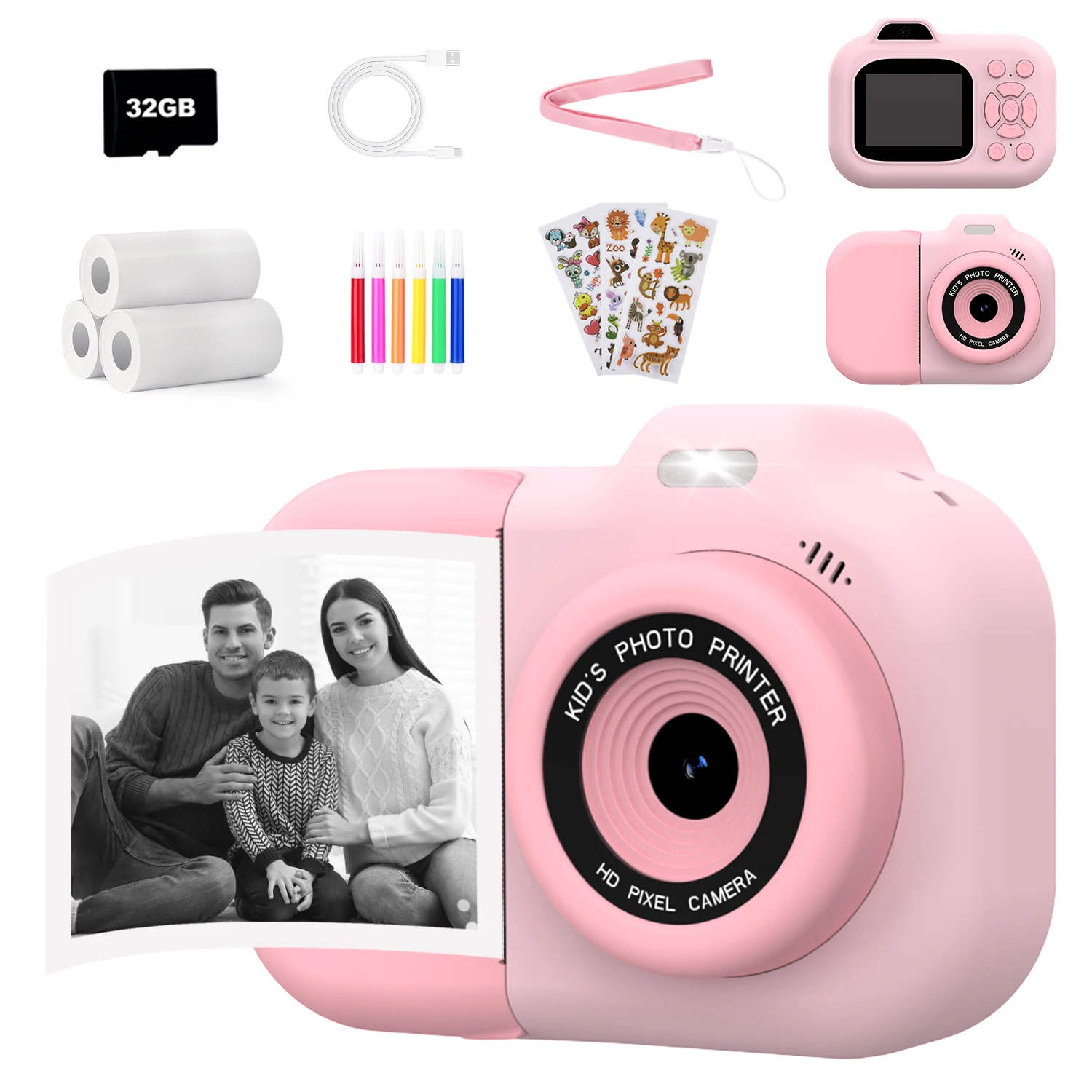 

Kids Camera Instant Print 1080P HD Dual-Lens Selfie Digital Camera with Print Paper Stickers Pens&32G Card Christmas Gifts Toys