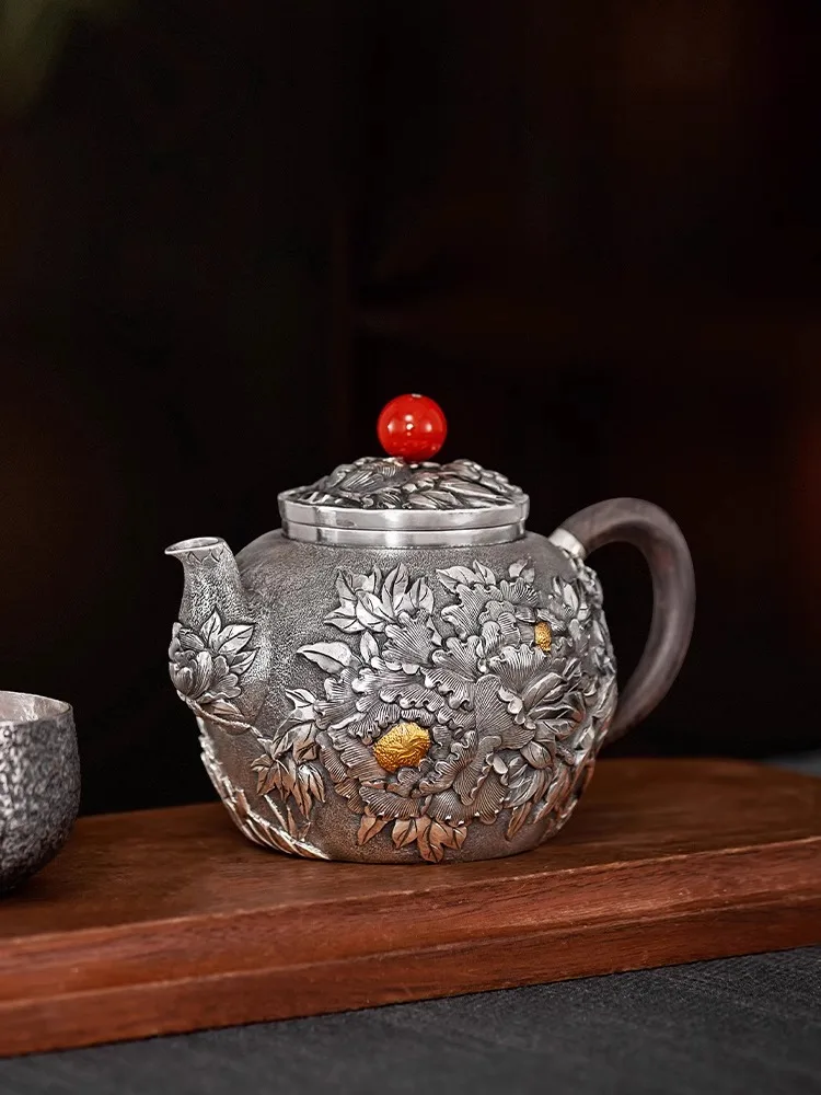 

Pure Silver 99.9% Tea Pot Rich and Noble Peony Pure Handmade Carving Gift High end Silver Tea Set Pure Silver Pot