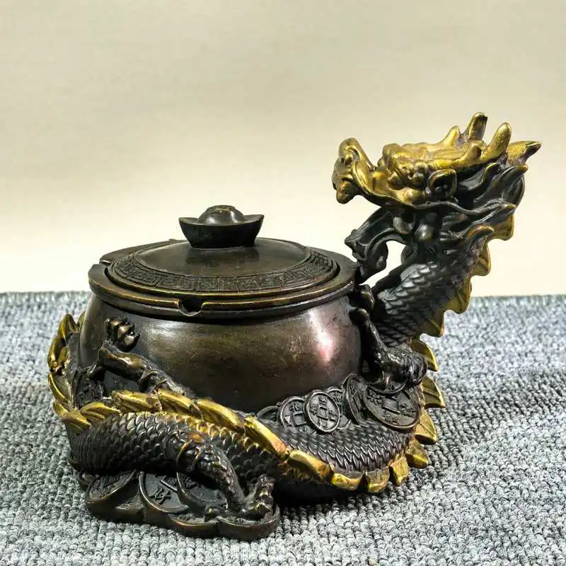 Gilt copper ashtray with dragon design, copper craft, home decor, tea table, desktop, office decoration ornament