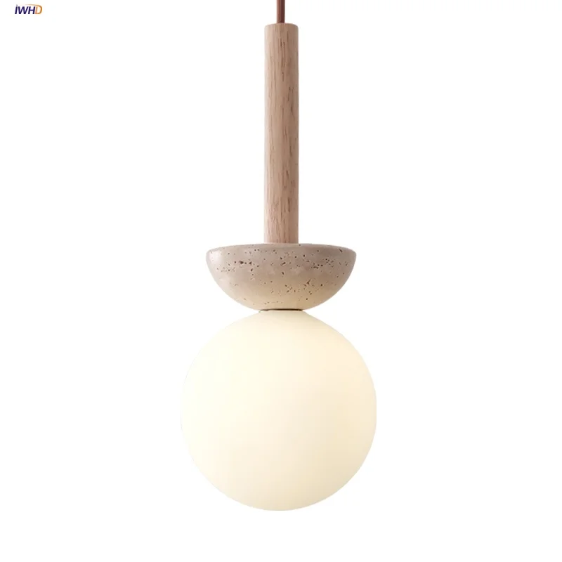 

IWHD Globe White Glass LED Pendant Lights Hallway Porch Hotel Nordic Modern Yellow Travertine Wood Hang Lamp Luminaire Suspendu
