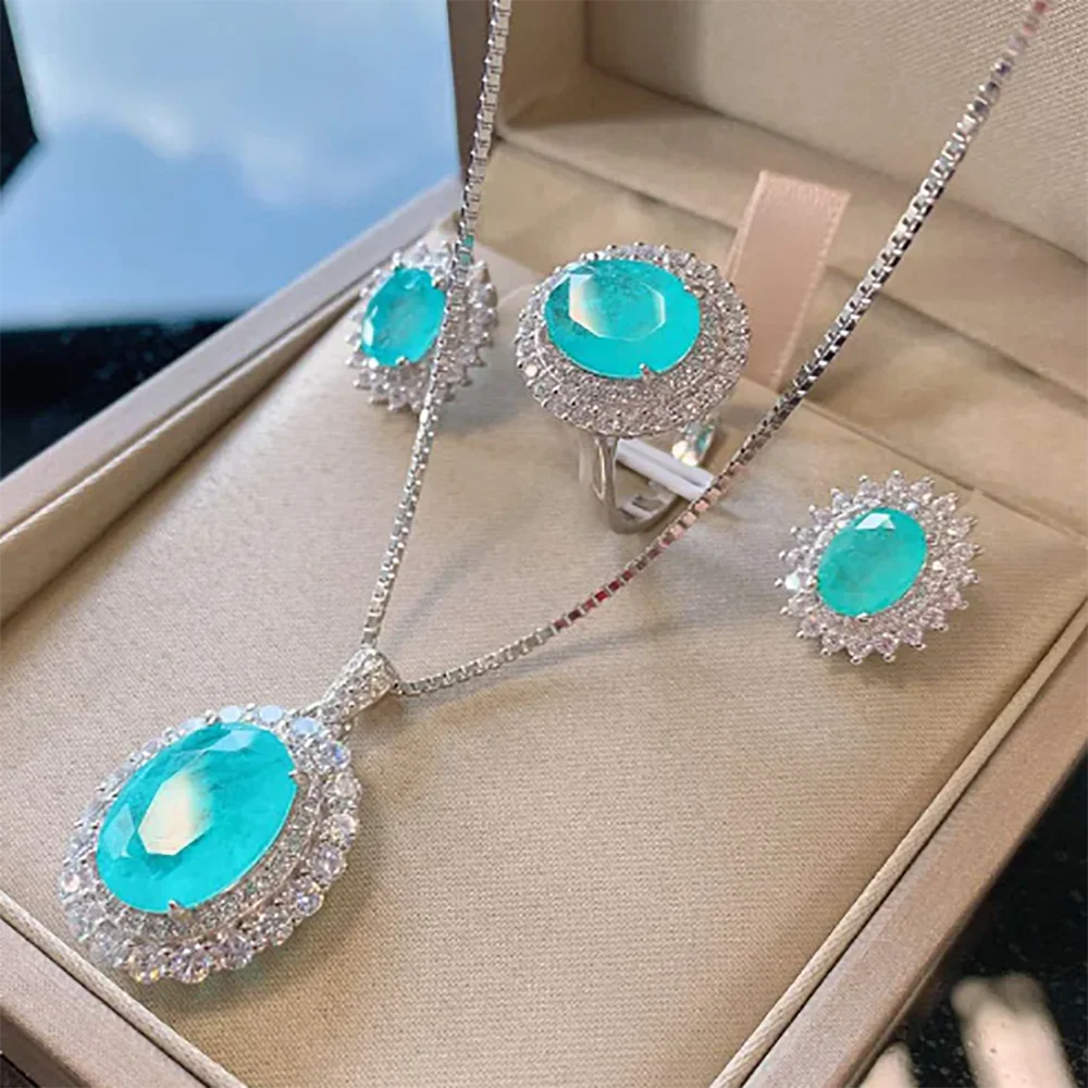 Vintage 100% Solid 925 Sterling Silver Paraiba Tourmaline Gesmtone Pendant/Necklace/Earrings/Ring Fine Jewelry Set for Women