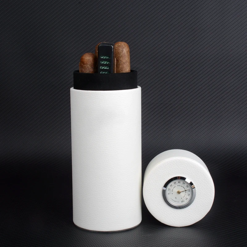 

White PU Leather Cigar Case, Cedar Wood Lined Tube, Mini Travel Humidor Box w Long Humidifier and Hygrometer C Logo Cigar Holder